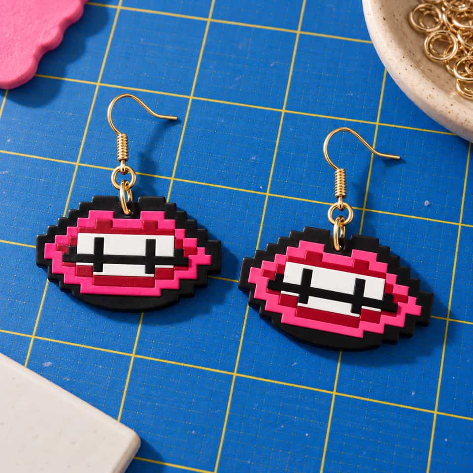 Pixel Lips in Classic Kiss colours: a black base, hot pink lips, a deep red inner layer, white teeth and a black tooth line.
