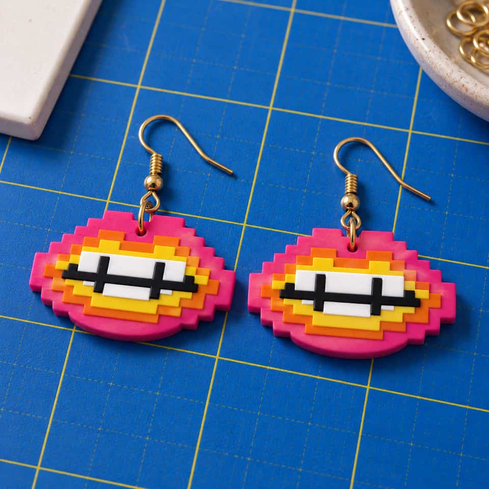 A pair of 44 mm layered Pixel Lips drop earrings hanging from ear wires on jump rings. The 44 mm drops are about 5.3 g per earring with findings; weigh your pair.