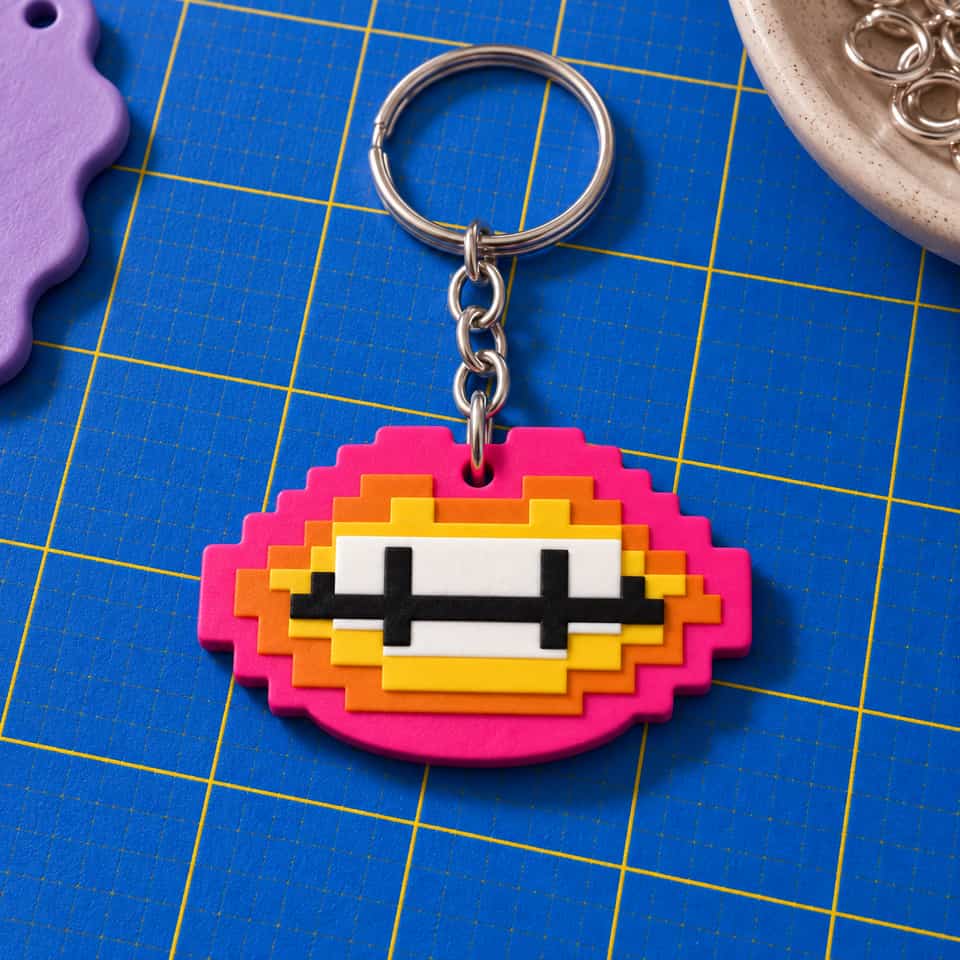 A layered Pixel Lips charm hanging from a split keyring.