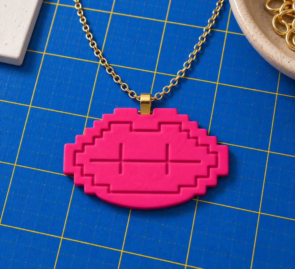 One-colour relief Pixel Lips hanging from a bail glued to the flat back.