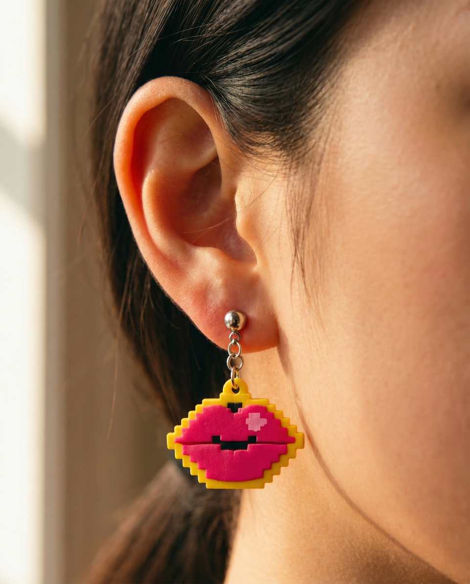 Hot Pink Polymer Clay Pixel Lips Dangle Earrings shown in styled wear context with size, drape, and hardware visible. Earrings made with pixel construction with a sanded buffed fi…