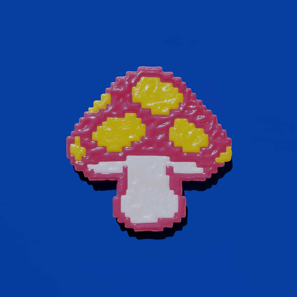 Pink Polymer Clay Pixel Mushroom Pin. Brooch made with pixel construction with a gloss sealant finish. Build an 8-bit pink mushroom pin: cut a stepped pixel silhouette, add raised…