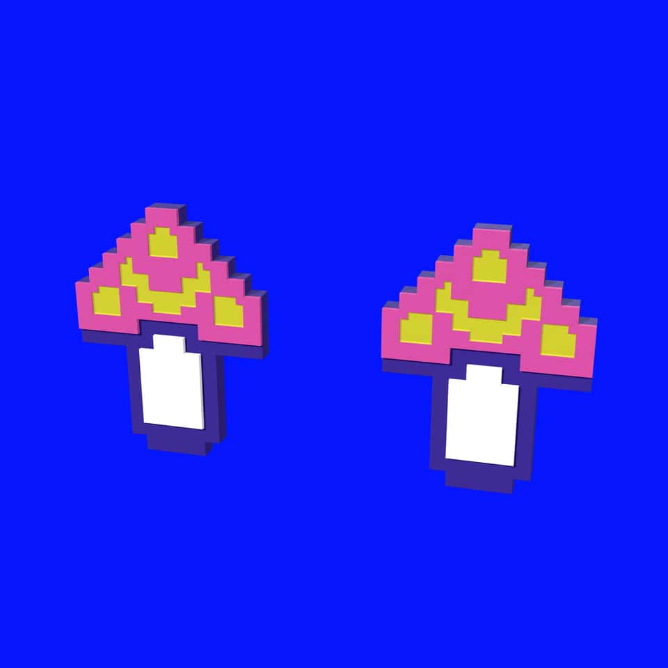 A pair of 26 mm Pixel Mushroom stud earrings on flat-pad posts.