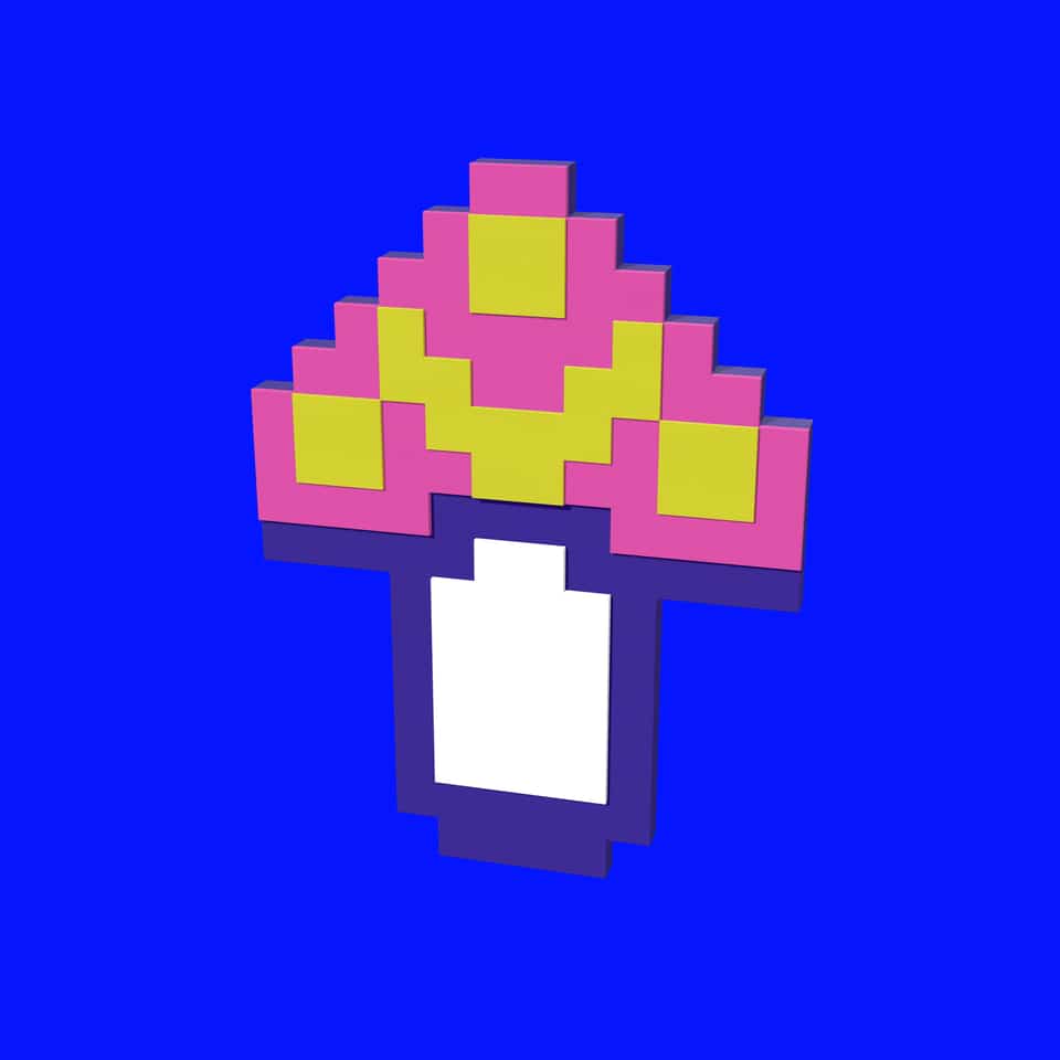 A layered Pixel Mushroom brooch with a bar pin on its flat back.