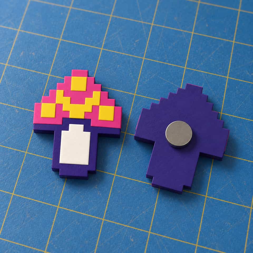 A Pixel Mushroom with a magnet glued to its flat back.