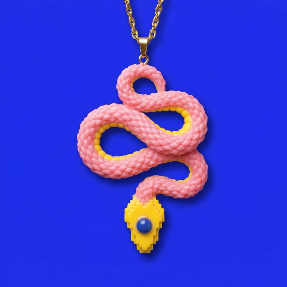 Polymer clay snake pendant on a blue background: a glossy light-pink braided body looping into an S with yellow belly ridges along its curves, a stepped yellow pixel head with a d…