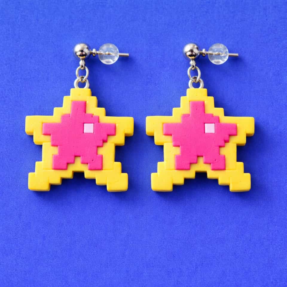 Hot Pink Polymer Clay Pixel Star Dangle Earrings. Handmade earrings using pixel construction with a sanded buffed finish. Build these as flat two-color pixel stars with a yellow o…