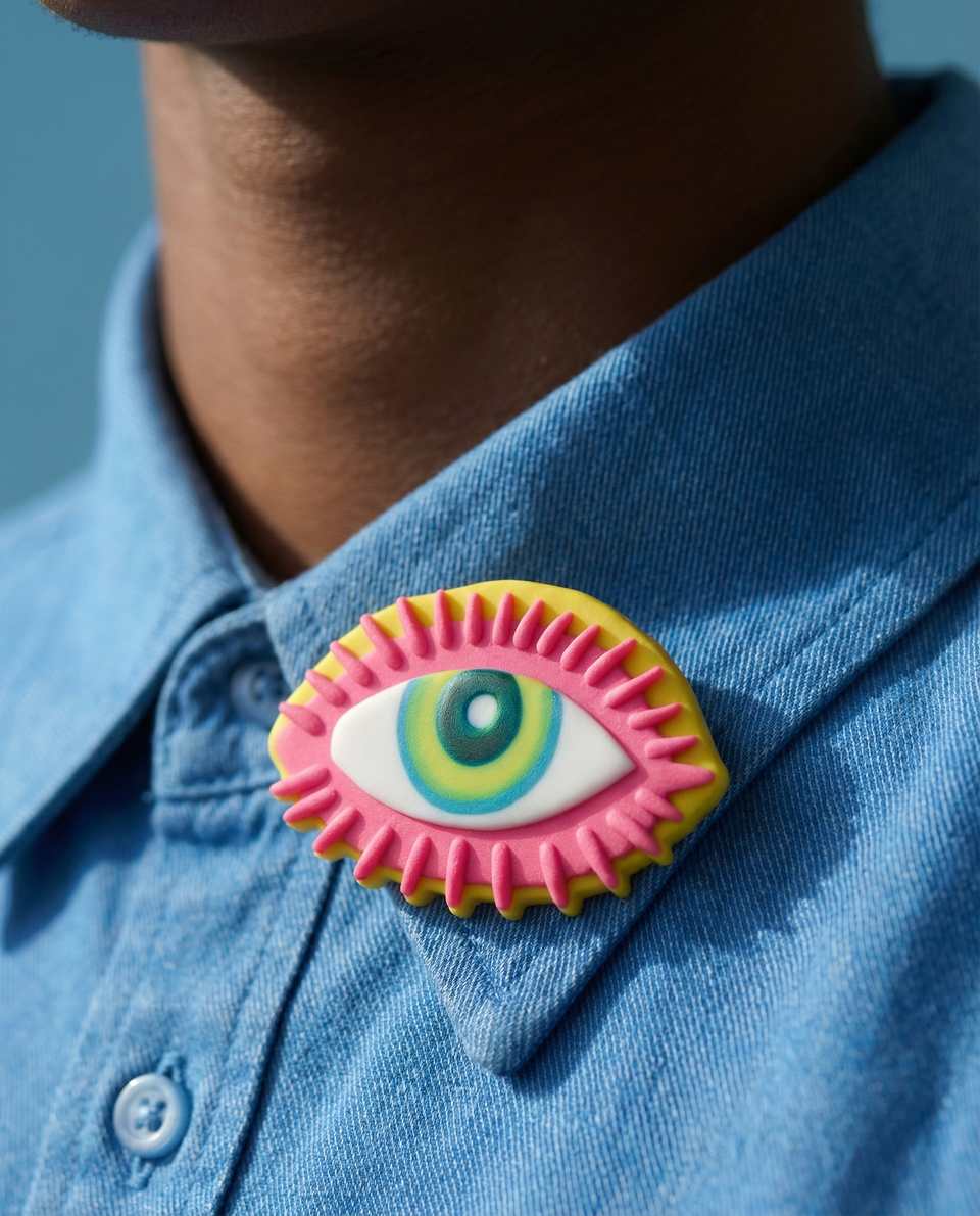 Polymer Clay Neon Eye Clay Pin shown in styled wear context with size, drape, and hardware visible. Slab cutting brooch with a gloss sealant finish.