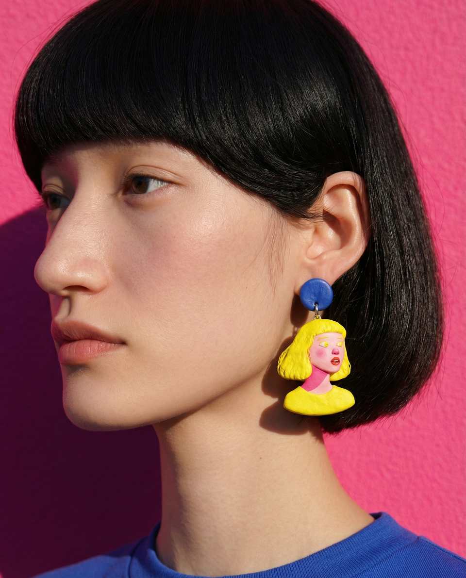 Polymer Clay Neon Portrait Plaque Dangle Earrings shown in styled wear context with size, drape, and hardware visible. Earrings using sculpting with a light gloss finish.