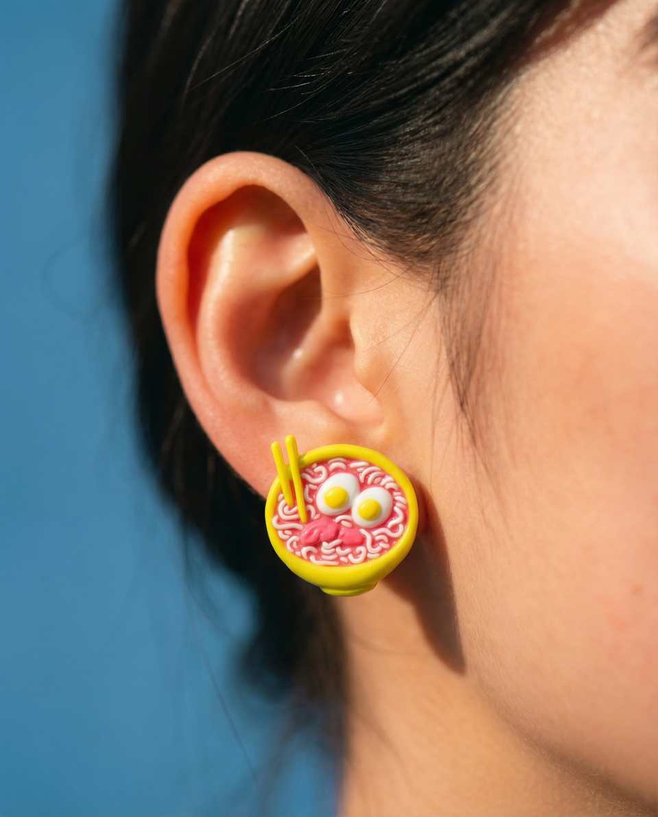 Polymer Clay Miniature Ramen Bowl Stud Earrings shown in styled wear context with size, drape, and hardware visible. Earrings using sculpting, finished with light gloss finish.