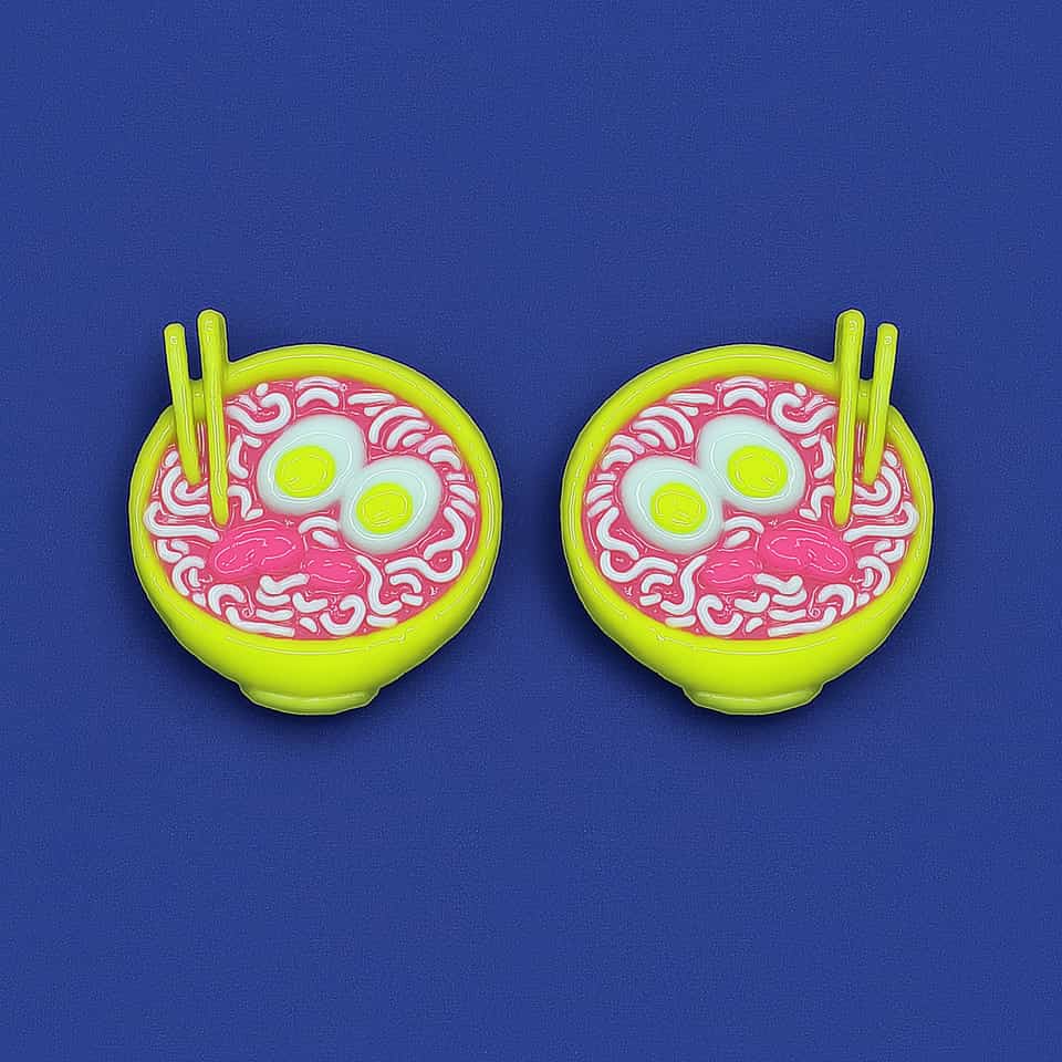 Polymer Clay Miniature Ramen Bowl Stud Earrings. Handmade earrings using sculpting, finished with light gloss finish. Build a mirrored pair of ramen bowl studs: yellow bowl, pink…