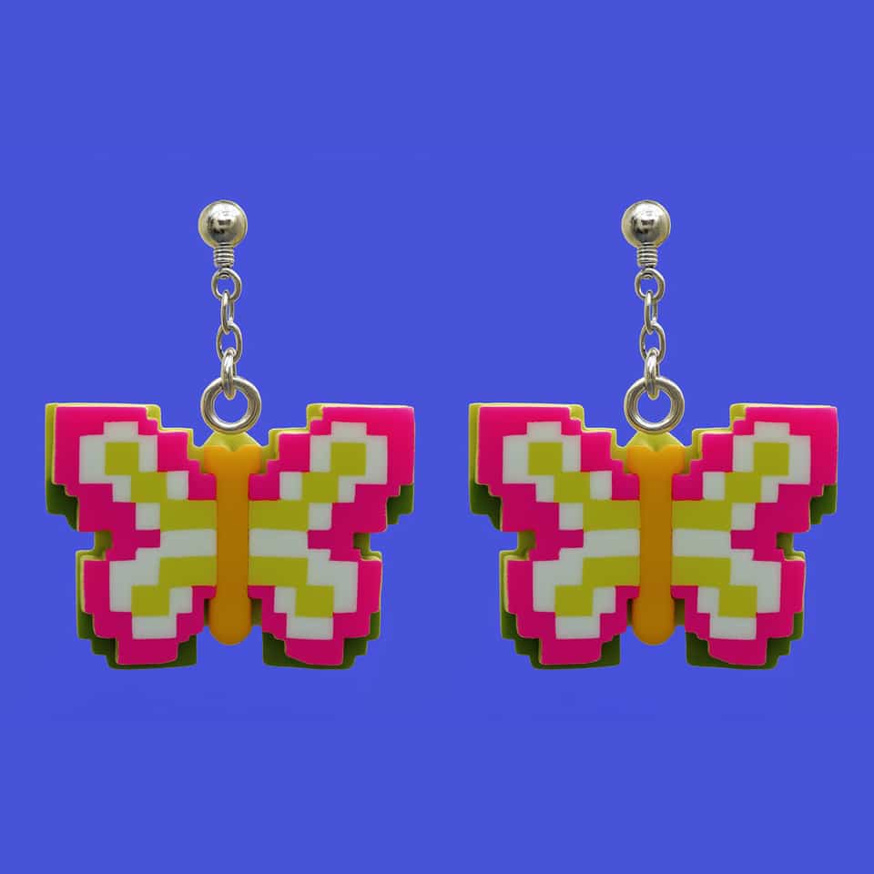 Polymer Clay Pixel Butterfly Statement Dangle Earrings. Handmade earrings using pixel construction with a sanded buffed finish. Make mirrored pixel-art butterfly dangle earrings:…