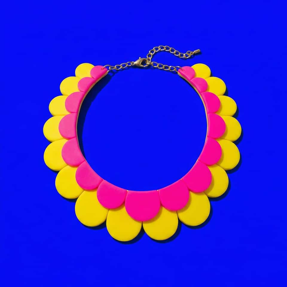 Hot Pink Polymer Clay & Yellow Layered Scallop Collar Necklace. Handmade necklace using slab cutting, finished with sanded buffed finish. Build the collar arc on a curved support…