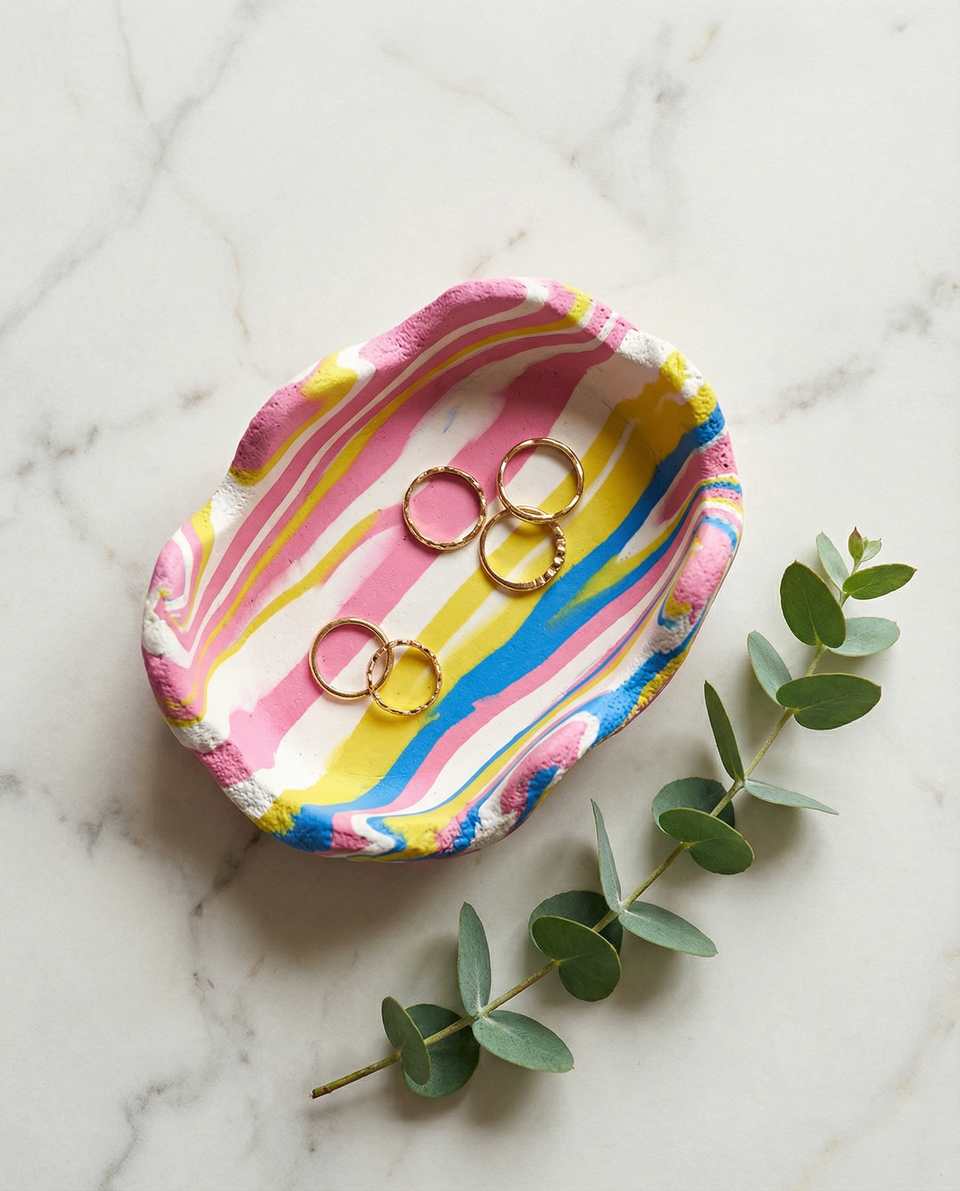 Polymer Clay Rainbow Marbled Wavy Edge Ring Dish shown in styled display context with object size and surface texture visible. Color blocking trinket dish with a matte textured fi…