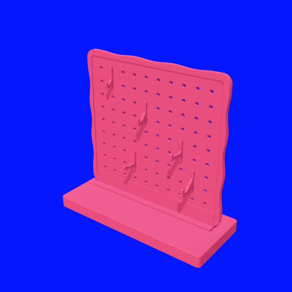 Pink accessory board with fitted hooks and pegs on the shared base.