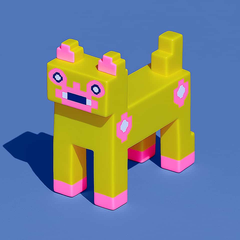 Standing yellow polymer clay pixel cat made of square blocks, with four tall legs and hot-pink feet, stair-step ears with pink fronts, a stepped tail, a pink pixel face with navy…