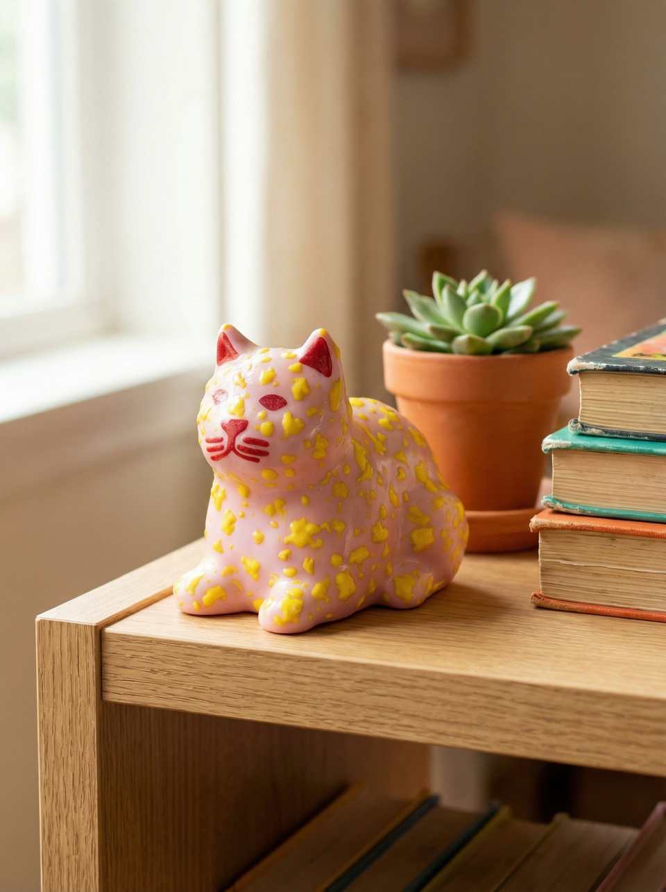 Pink Polymer Clay Terrazzo Cat Loaf Desk Buddy Figurine shown in styled display context with object size and surface texture visible. Figurine made with sculpting with a light glo…