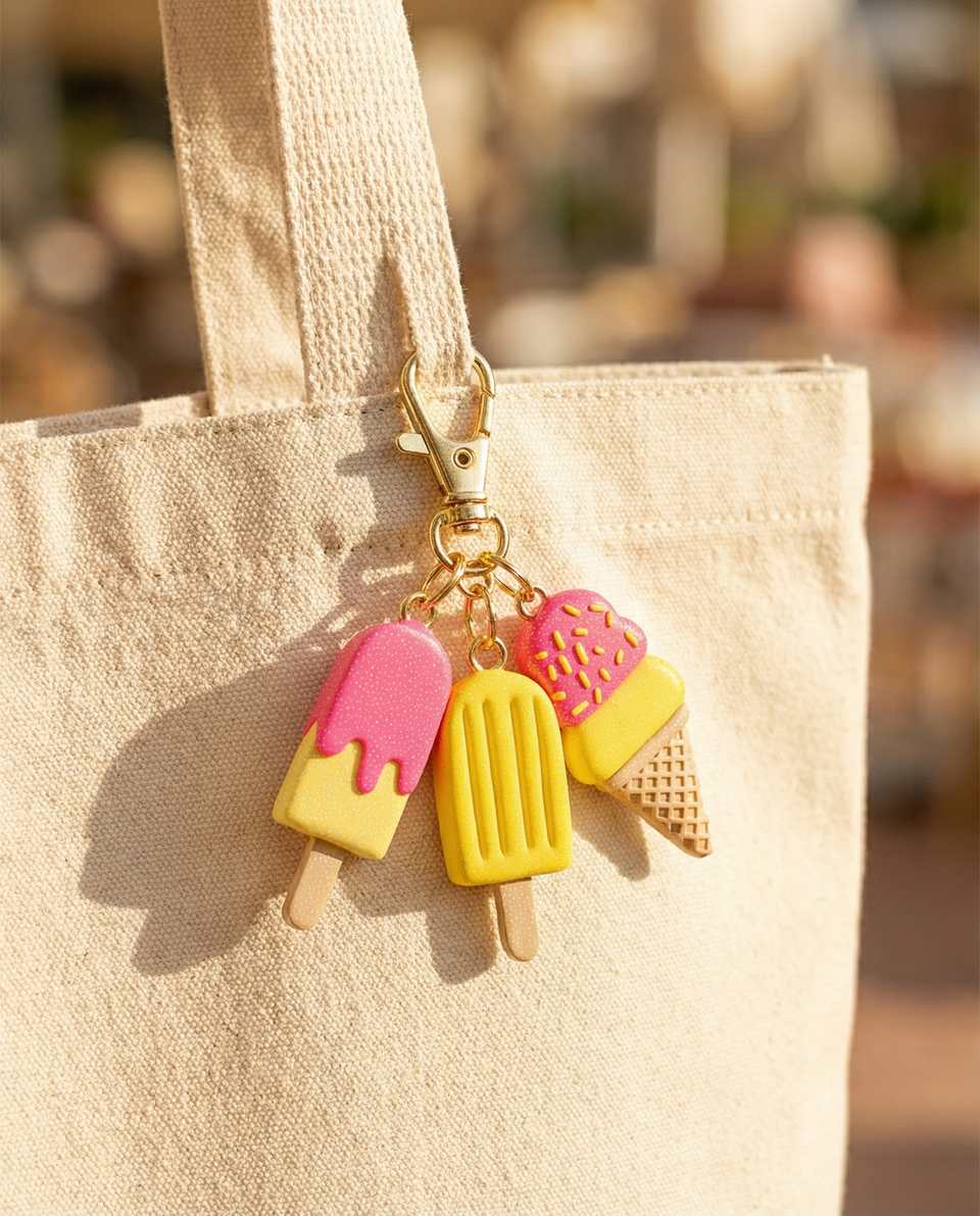 Polymer Clay Miniature Sweet Treats Bag Charm Keyring shown in styled display context with object size and surface texture visible. Charms made with sculpting with a sanded buffed…