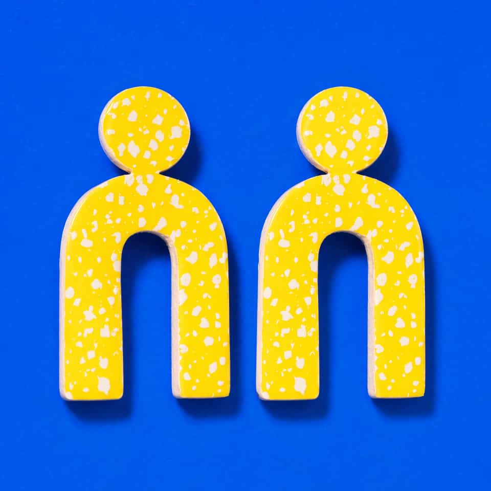 Yellow Polymer Clay Speckled Arch Stud Earrings. Handmade earrings using slab cutting, finished with satin finish. Make a matched pair of acid-yellow speckled arch earrings: terra…