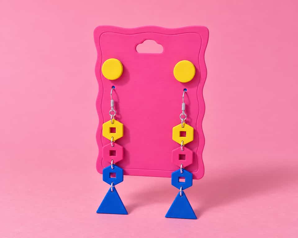 Go-Go linked dangle earrings hanging on a printed earring display card.