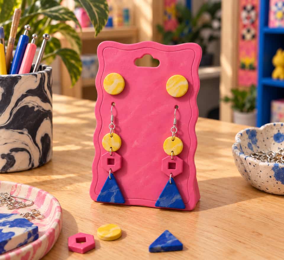 Yellow Go-Go studs and shorter dangles arranged on a pink backing card.