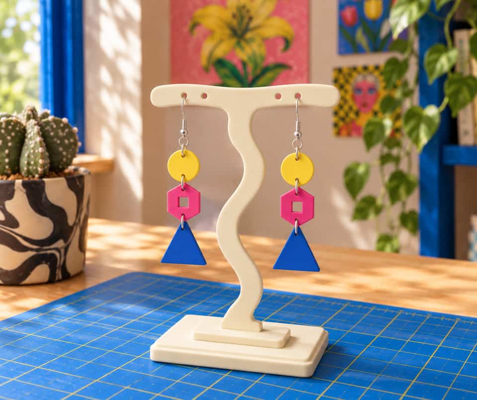 A pair of shorter Go-Go dangles hanging from a cream Softwave T-bar display.