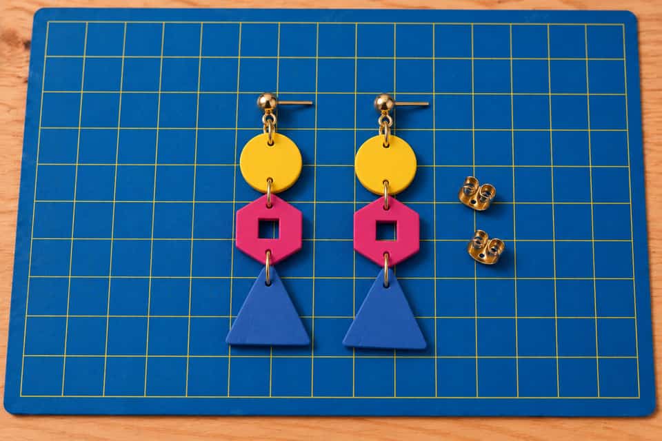 A matching Go-Go pair with a yellow disc, pink hex link and blue triangle, hanging from ball posts.