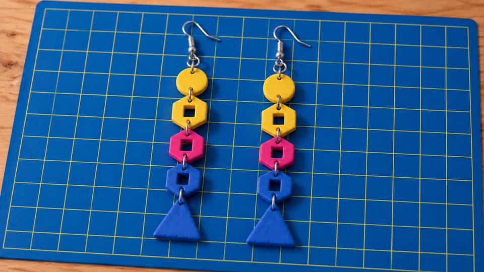 The pictured Go-Go long pair on ear wires: a disc, three open hex links and a triangle drop. About 7.2 g per earring with findings, over the 5 g comfort guide; weigh your pair and try it on.