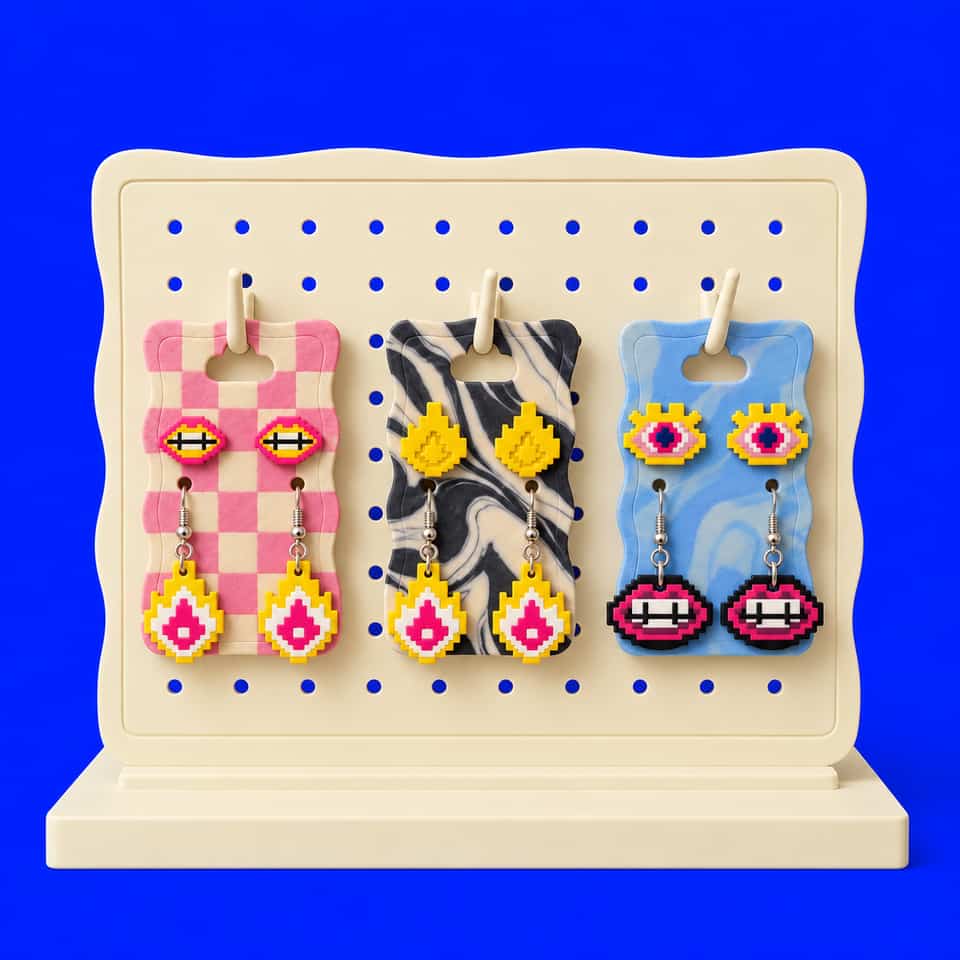 Three patterned clay backing cards carrying mixed earring pairs on a cream grid display.