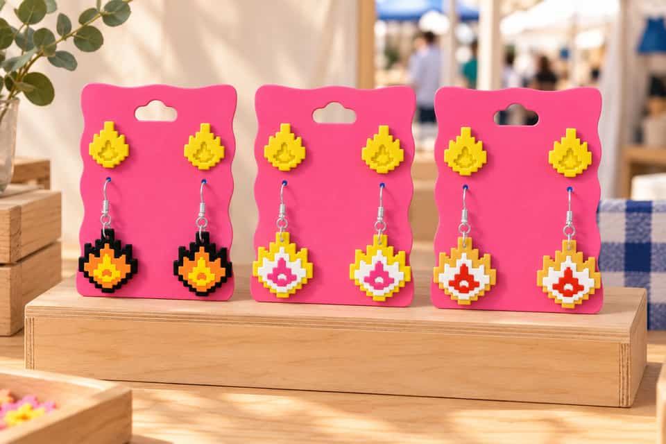 Flame studs and dangle pairs in contrasting colourways, arranged across pink backing cards.