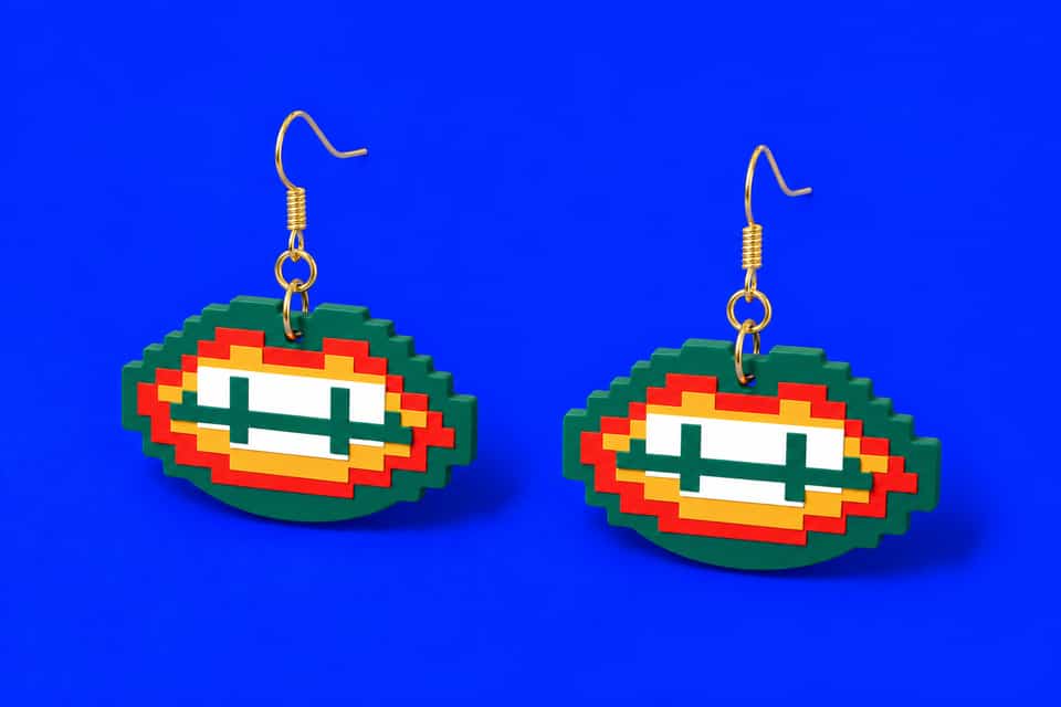 Pixel Lips in Cracker Kiss colours: a green base, red lips, a gold inner layer, white teeth and a green tooth line.