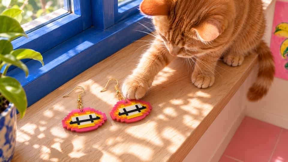 Layered Pixel Lips earrings beside the studio tabby, shown in a close overhead composition.
