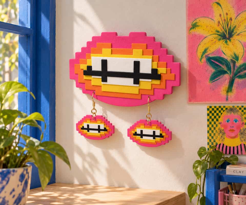 A layered Pixel Lips wall display with matching hanging earrings in a sunlit studio.