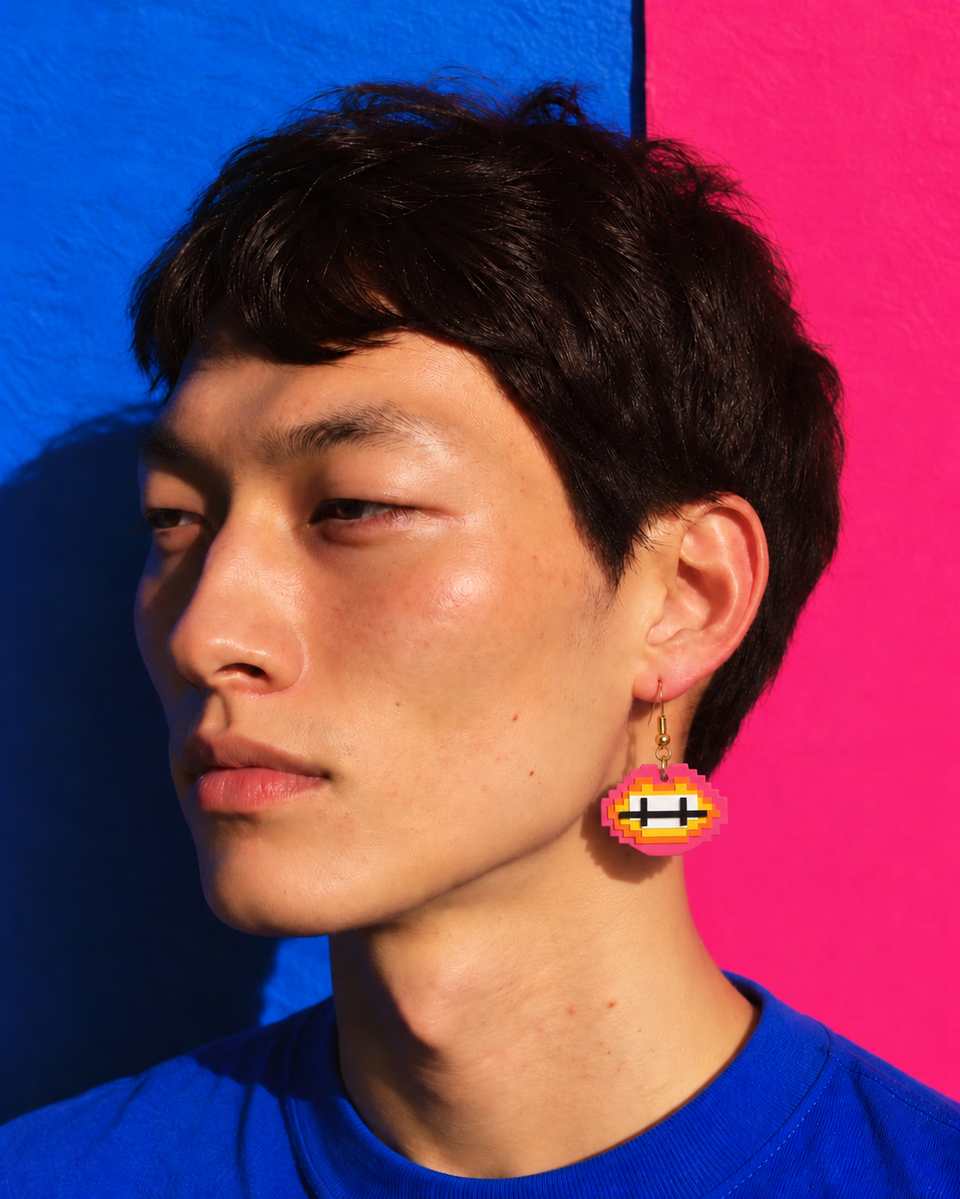 A layered Pixel Lips drop on an ear wire, shown worn. The 44 mm hook-drop format is separate from the larger brooch.
