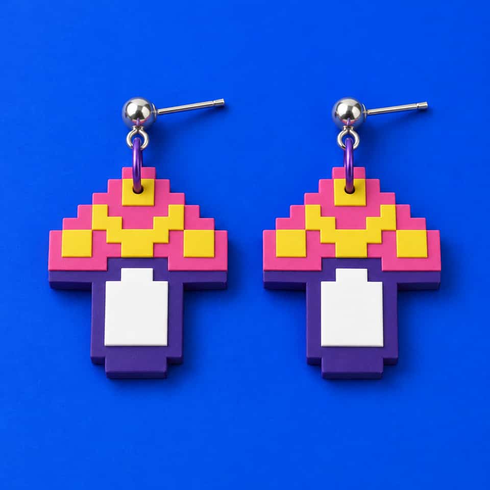 A stepped pixel mushroom in polymer clay: a purple base with a pink cap and white stem side by side on it, and yellow spots and a V on the cap. Made into studs, ball-post drops, pendants, keychains, magnets, brooches and wall art.