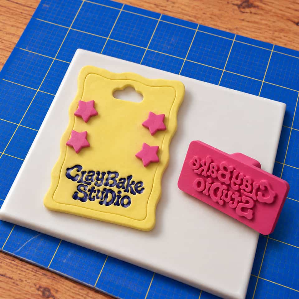 A yellow clay backing card with recessed lettering and two pairs of pink star studs.