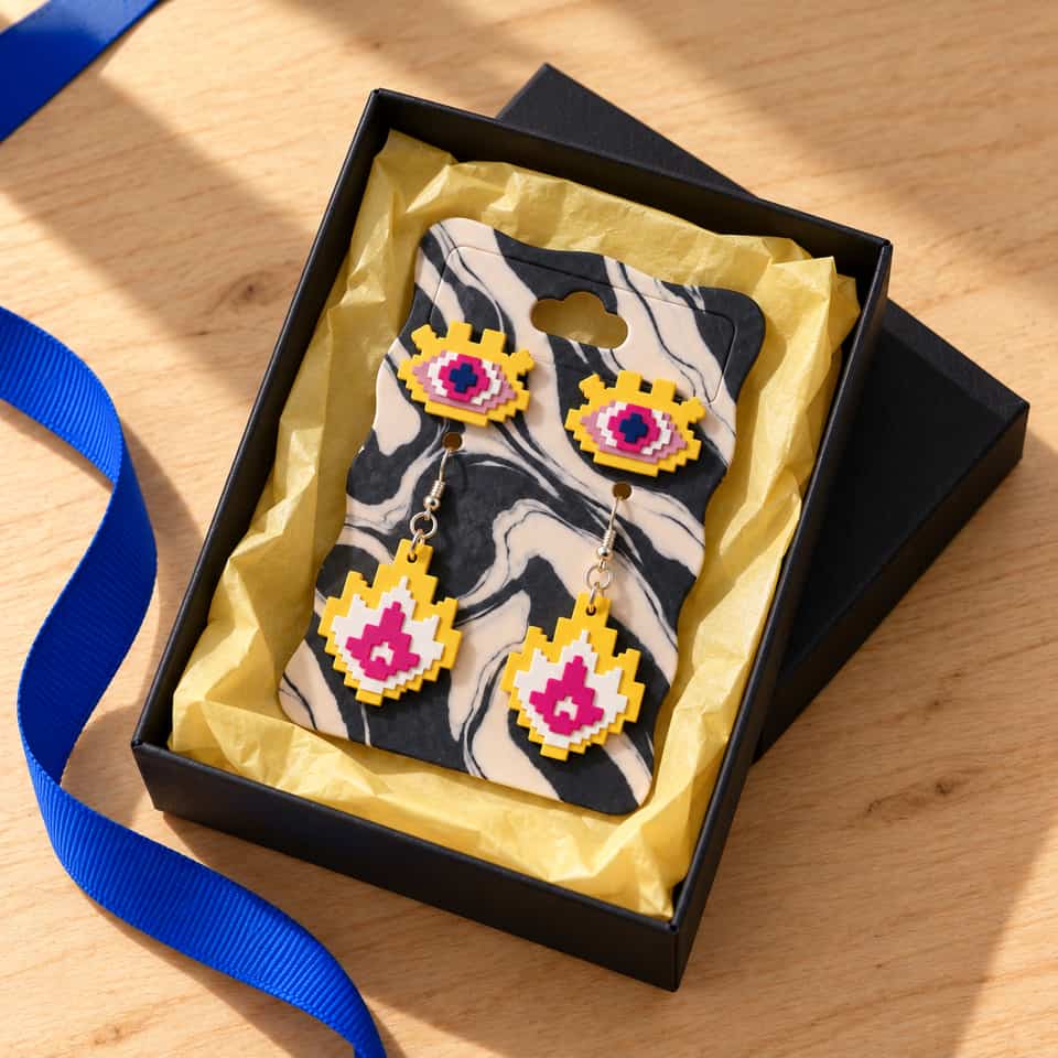 A marbled clay backing card with Eye studs and Flame drops, arranged in a gift box.