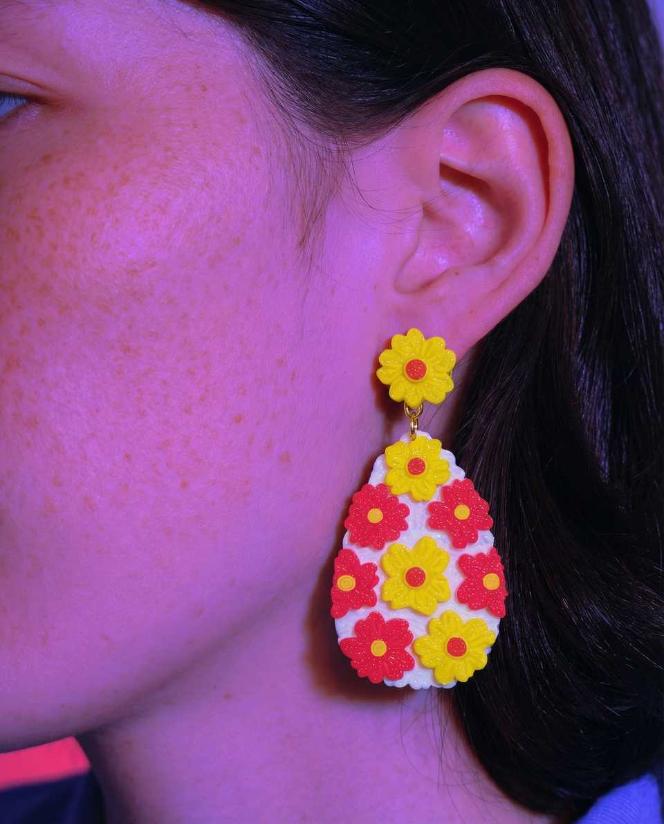 Polymer Clay 3D Millefiori Flower Dangle Earrings shown in styled wear context with size, drape, and hardware visible. Surface applique earrings, hand-finished with gloss sealant.