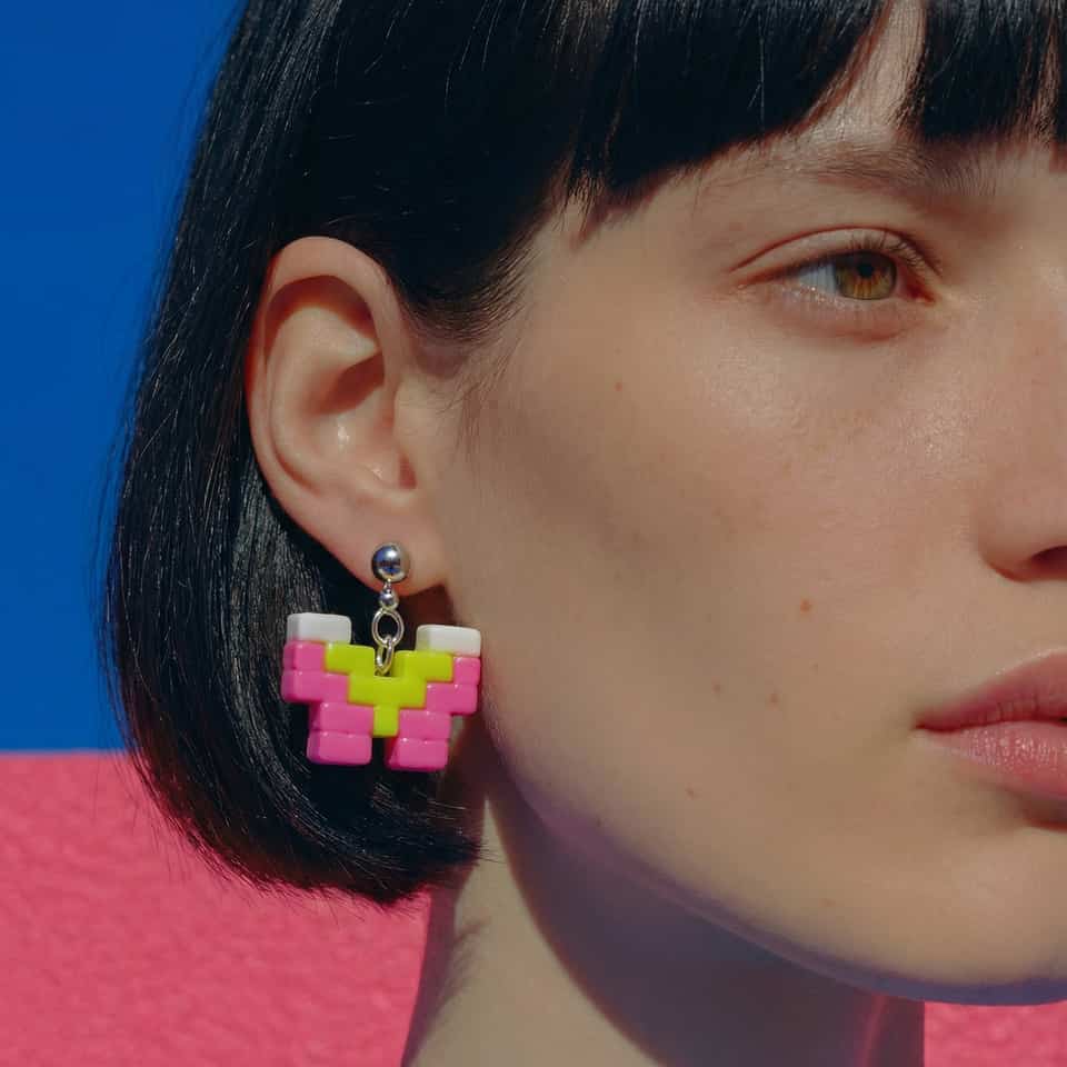 Polymer Clay Chunky Pixel Butterfly Dangle Earrings shown in styled wear context with size, drape, and hardware visible. Pixel construction earrings, hand-finished with gloss seal…