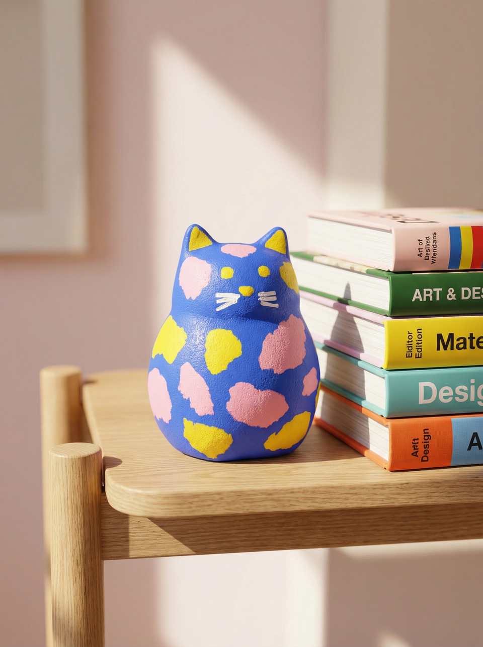 Blue Polymer Clay Spotted Cat Desk Buddy Figurine shown in styled display context with object size and surface texture visible. Figurine handmade in sculpting with matte sealant f…