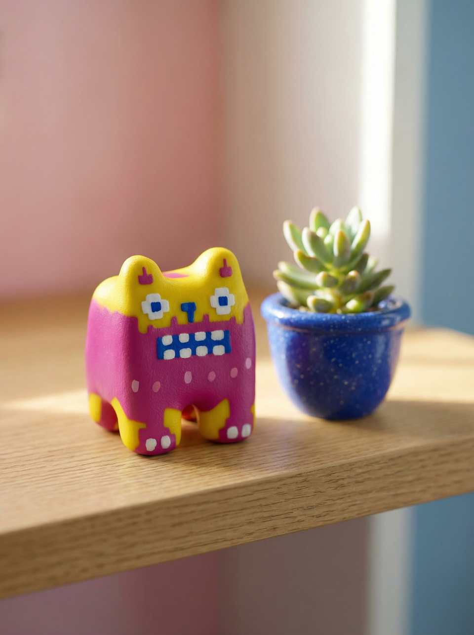 Polymer Clay Chubby Pixel Cat Desk Buddy Figurine shown in styled display context with object size and surface texture visible. Pixel construction figurine, hand-finished with glo…