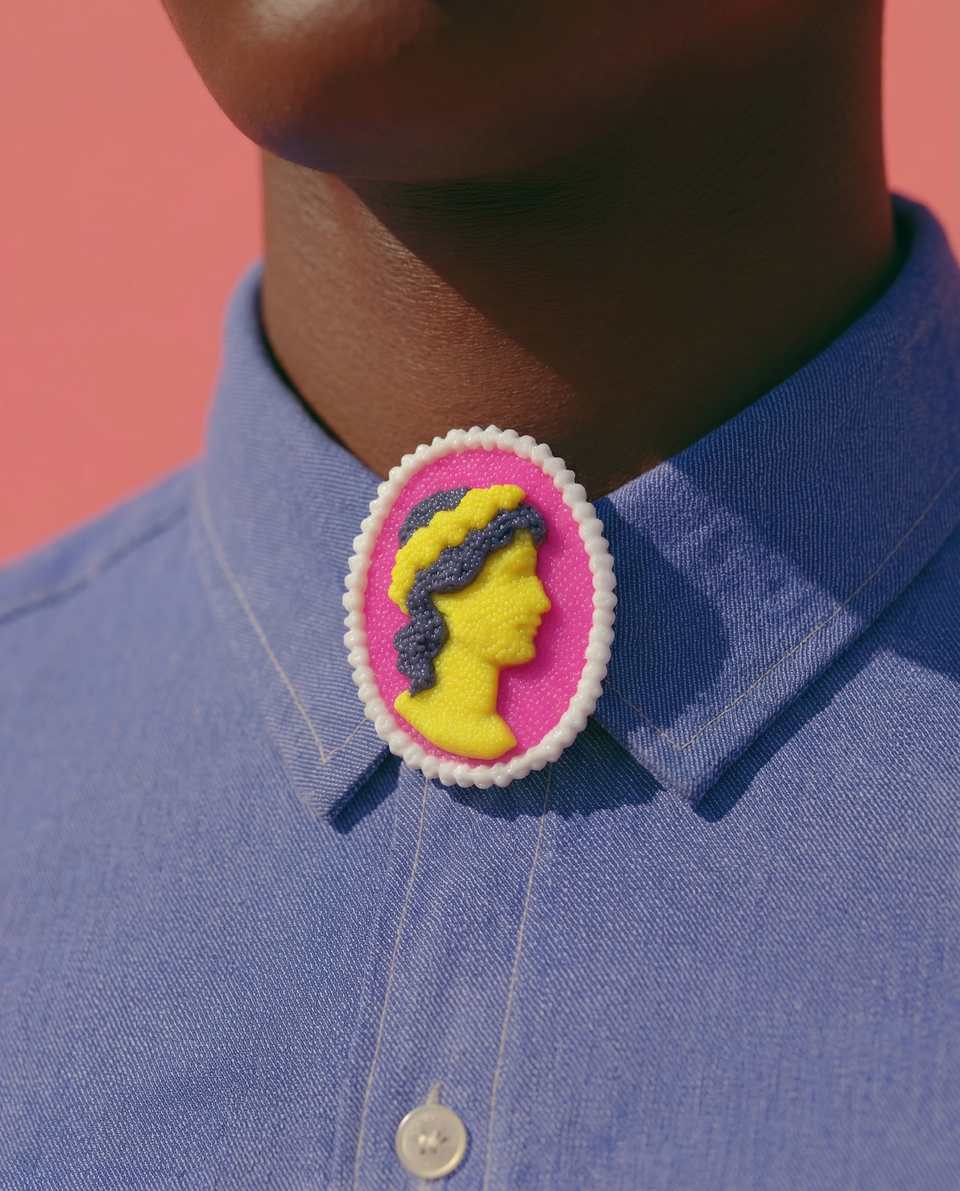 Polymer Clay Textured Pink & Yellow Cameo Pin shown in styled wear context with size, drape, and hardware visible. Handmade surface applique brooch with matte textured finish.