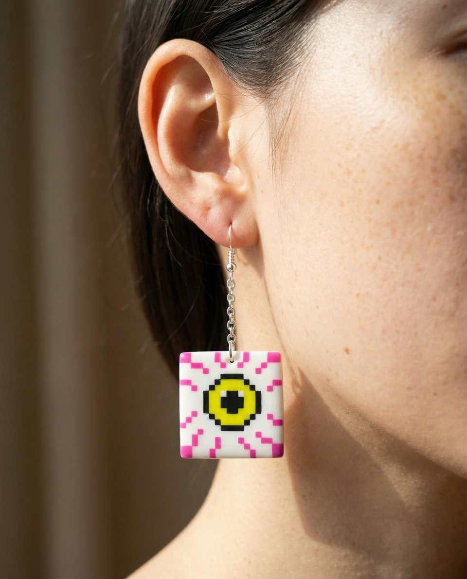 White pixel eyeball tile earring with pink veins worn against neutral background