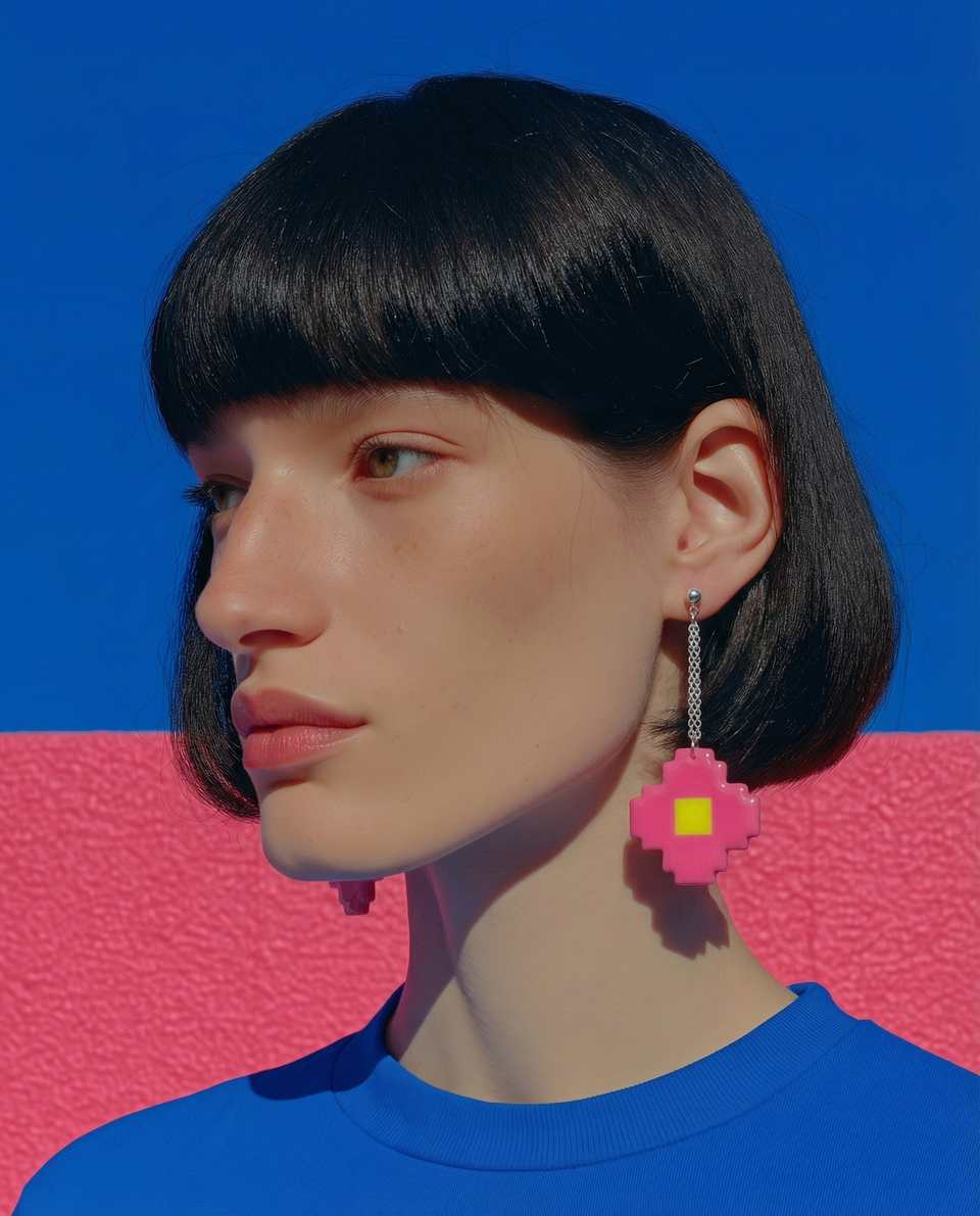 Hot pink pixel flower earring worn on a short silver chain