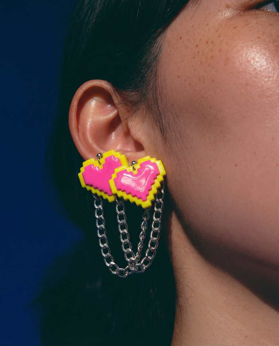 Glossy pink pixel heart earrings with chain detailing worn against blue background
