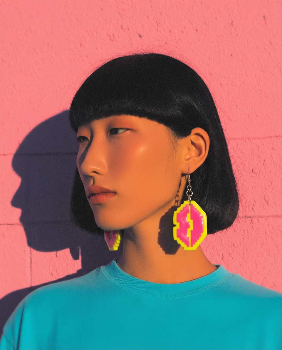 Polymer Clay Pixel Pink & Yellow Split Lips Dangle Earrings shown in styled wear context with size, drape, and hardware visible. Handmade earrings using pixel construction, finish…