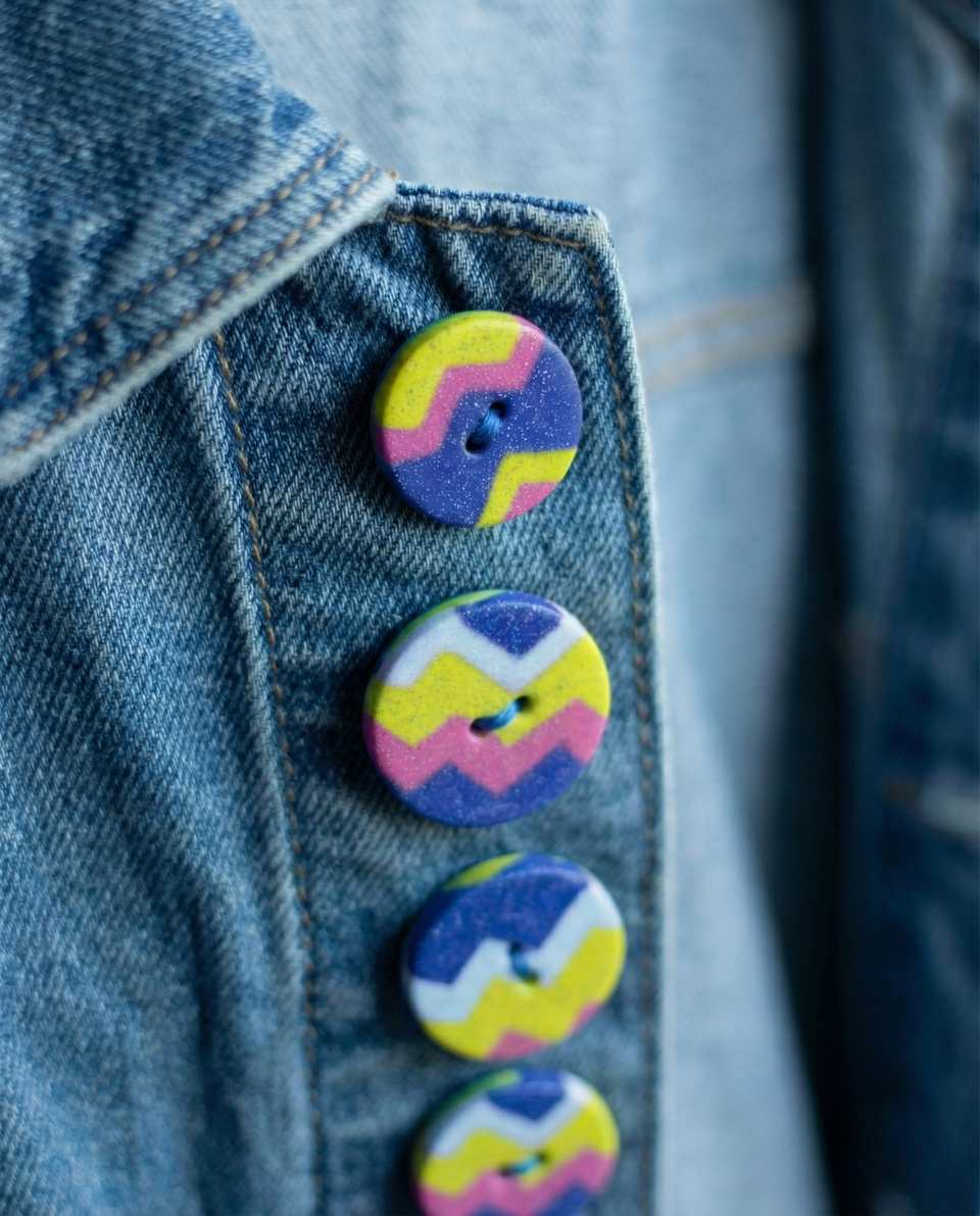 Cobalt Polymer Clay & Pink Chevron Button Set shown in styled display context with object size and surface texture visible. Color blocking button, hand-finished with sanded buffed.