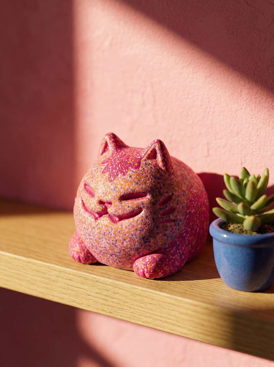 Pink Polymer Clay Curled Terrazzo Cat Loaf Figurine shown in styled display context with object size and surface texture visible. Handmade figurine using sculpting, finished with…