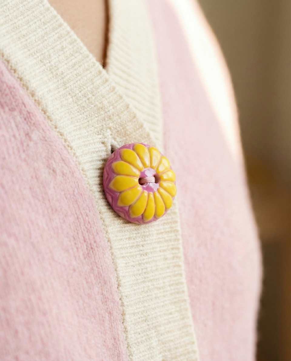 Pink Polymer Clay Marbled & Floral Domed Buttons shown in styled display context with object size and surface texture visible. Surface effects button, hand-finished with gloss sea…