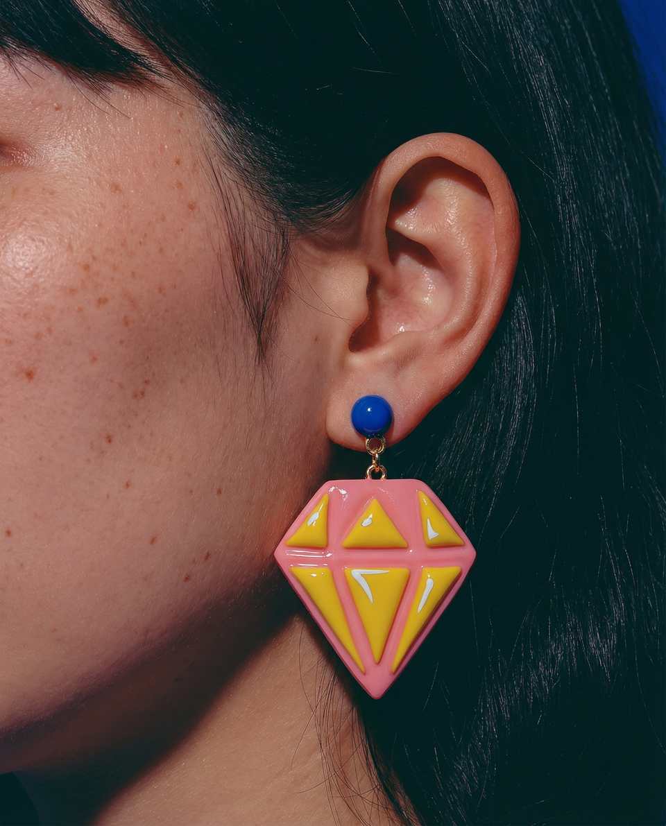 Pink Polymer Clay & Yellow Faceted Gem Dangle Earrings shown in styled wear context with size, drape, and hardware visible. Handmade earrings using slab construction, finished with gloss sealant.